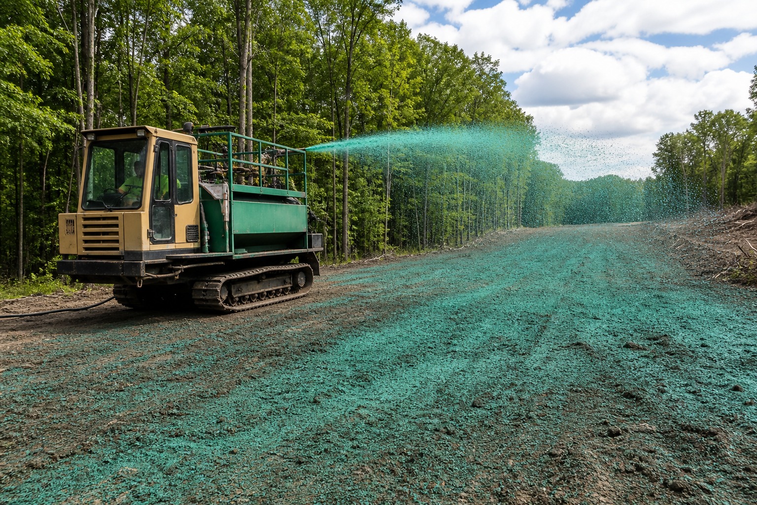 Tracked hydroseeder spraying seed slurry along a cleared right-of-way